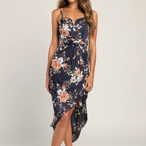 Lulu's Womens My Favorite Day Navy Blue Floral Print Tulip Skirt Midi Dress XS